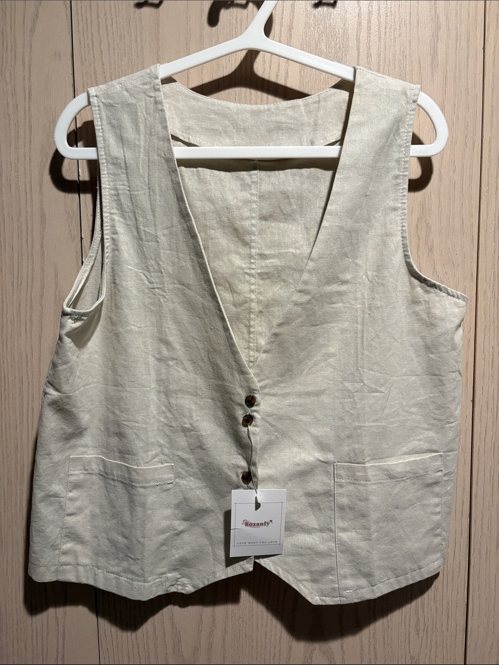 Light Cream Linen-Blend V-Neck Button Vest for Women NWT